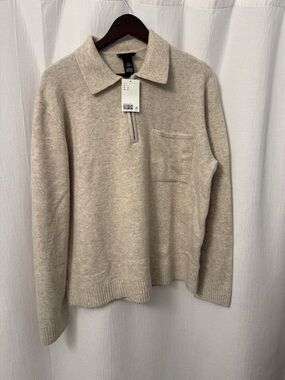 H&M Men's Beige Polo-Collar Zip Sweater